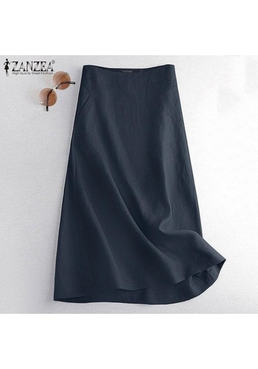 Fastbuy Bayan Yaz Fermuarlı Pamuk Etek - Keten Karışımı, Bej Renk Bej