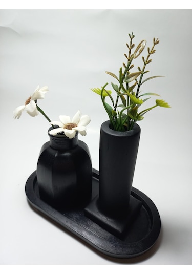 Tabaklı Dekoratif İkili Vazo Set Siyah Siyah