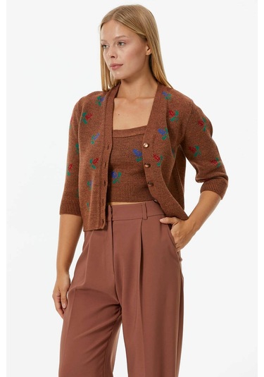 Çiçek Motifli Crop Triko Takım - Taba 001