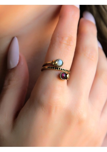 İkili 3mm Doğal Taşlı Antik Kadın Yüzük Dentirit Opal Granat Lal Taşı Euy32og Kırmızı