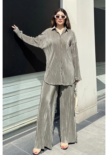 Kadın Haki Uzun Tunik Gömlek & Beli Lastikli, Bol Paça Pantolon - Salaş Bürümcük Takım Haki