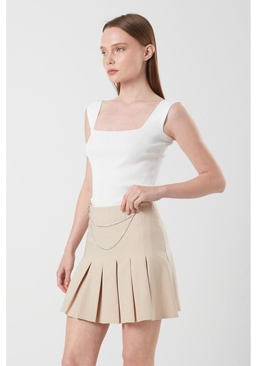 4155 Kadın Zincir Detay Pileli Mini Etek Bej Bej