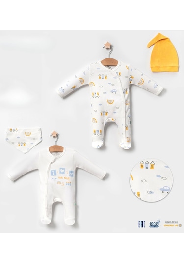 Babydonat Araba Desenli Sarı 4'lü Erkek Bebek Tulumu Sarı