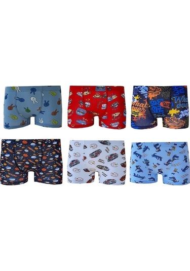 6Lı Erkek Çocuk Renkli Desenli Baskılı Boxer Külot