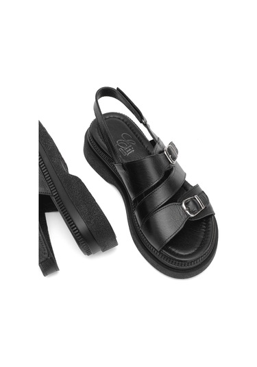 Elit Vesta Kadın Hakiki Deri Düz Sandalet Siyah Siyah