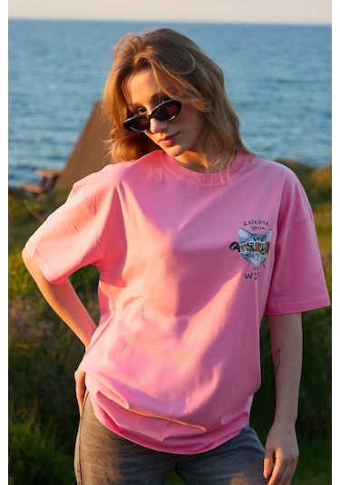 Velvoria Oversize Kadın Release Your Baskılı Pembe Renk T-shirt