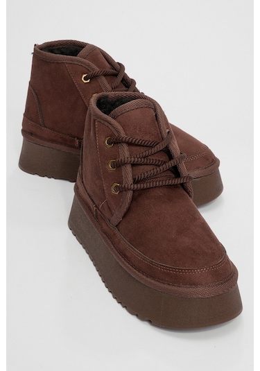 Ovela Kahve Süet Kalın Taban Bağcıklı Kadın Spor Bot Kahve Süet