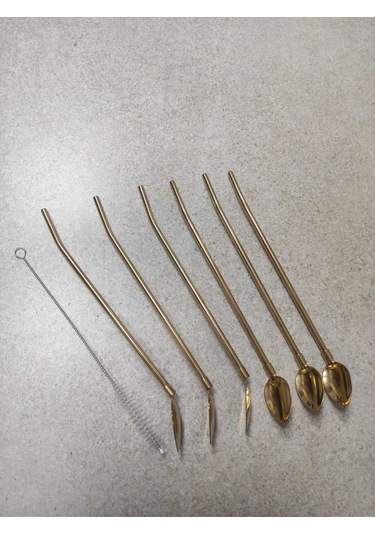 6'lı Paslanmaz Krom Pipetli Kokteyl Bar Kaşığı Ve Temizleme Fırçası, Pipetli Latte Kaşığı 22 Cm - Altınsarı