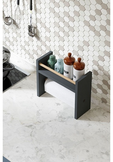 Rulo Havlu Takılabilir Baharatlık Standı Tezgah Üstü Düzenleyici Ahşap Raf - Antrasit Gri