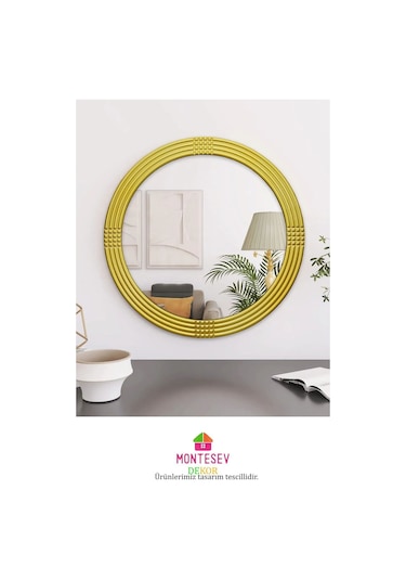 Safir Gold Dekoratif Ayna Yuvarlak Işlemeli Duvar Aynası 56 Cm