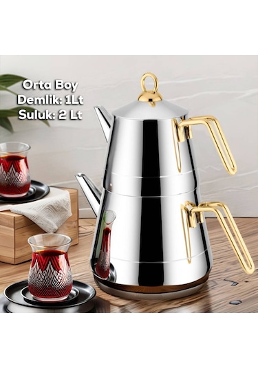 Lines 3058 Piramit Metal Kulplu Paslanmaz Ortaboy Çelik Çaydanlık