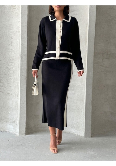 Kadın Inci Düğmeli Etekli Triko Takım Siyah