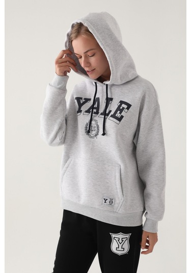 Yale Kar Melanj Kanguru Cep Kapüşonlu Kadın Sweatshirt 5274-41117 Kar Melanj