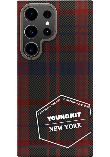 Galaxy S24 Ultra Uyumlu Kılıf Ekose Desenli Youngkit Gezhi Serisi Kapak Kırmızı