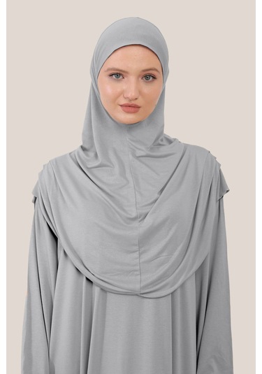 Tek Parça Tesettür Namaz Elbisesi Tak Çıkar Başörtülü Organik Pamuklu Lastikli Kolu Kaymaz Penye Gri