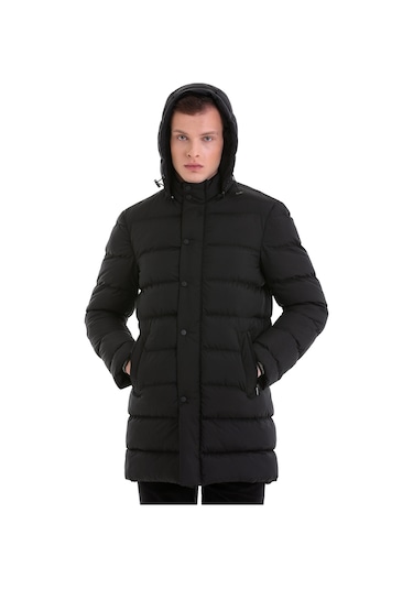 Hatemoğlu Siyah Slim Fit Hakim Yaka Kapüşonlu Basic Kaban 22232023A008 002 Siyah