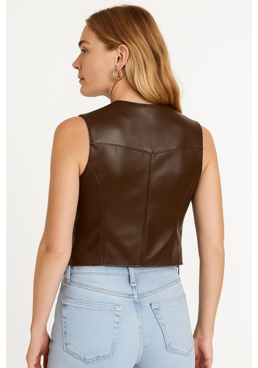 Hakiki Deri Kahverengi Kadın Yelek Kahverengi