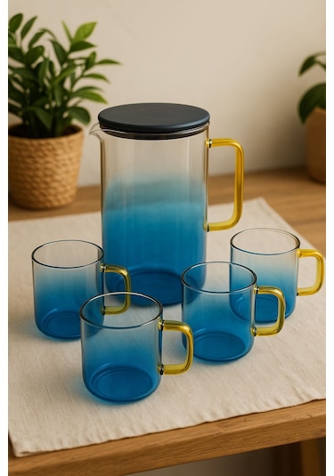 Qerhome Borosilikat Cam Sürahi Takımı 4 Bardaklı Bluora Bardaklı Sürahi 2100 Ml & 300 Ml