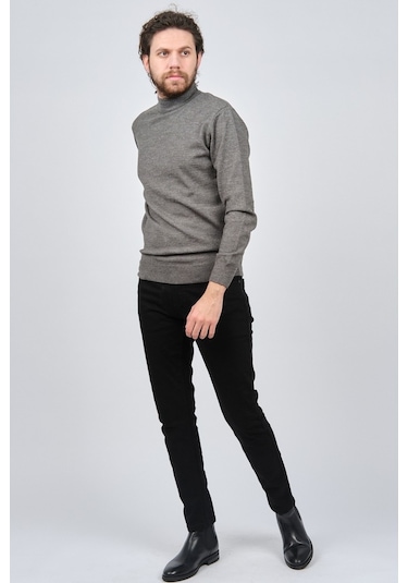 Çizgi Triko Erkek Yarım Balıkçı Yaka Düz Kazak 42564252 Gri Gri