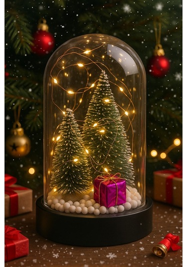 Yeni Yıl Ruhunu Yansıtan Led Işıklı 2 Li Yılbaşı Kar Efektli Çam Ağacı Hediye Paketi Temalı Fanus