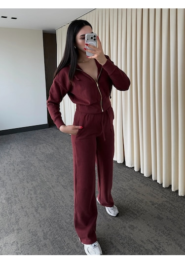Laluvia Bordo %100 Pamuk Kapüşonlu Fitilli Takım - 51232 Bordo