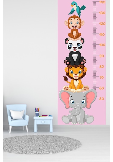 Sevimli Safari Hayvanları Boy Ölçüm Cetveli Boy Ölçer Sticker Pembe