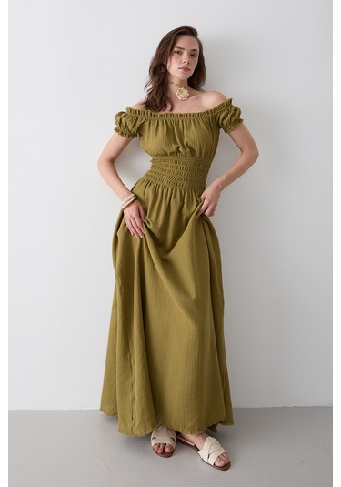 Haki Büzgülü Elbise - 2002 Haki