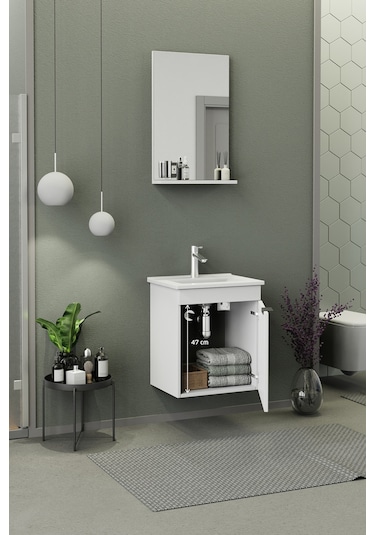Biani Fix Arya Slım 50 Cm Banyo Dolabı,Seramik Lavabolu, Aynalı,Lavabo Dahil,Mdf,Mat Beyaz