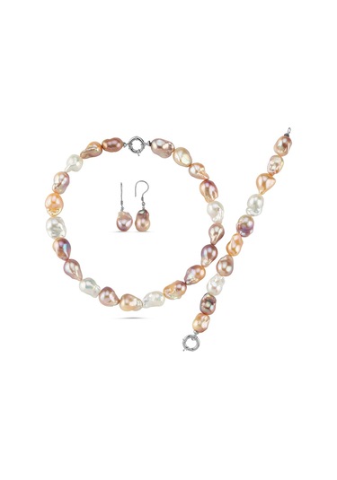 Multicolor Doğal Barok İnci Kolye Bileklik Küpe Üçlü Set Gümüş