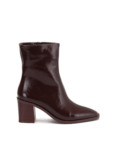 Kahverengi Kadın Kalın Topuklu Bot Rugan Küt Burun Yüzüdüz-4256 Kahve