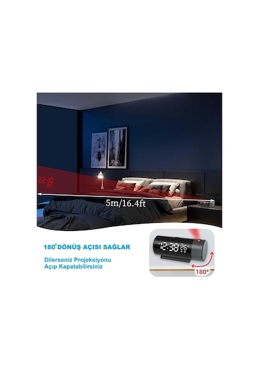 Plentiful Projeksiyonlu Silindir Usb Güç Led Ekran Çalar Saat Sıcaklık Çift Alarm Siyah