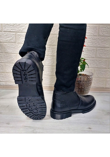 M.p 4204 Siyah Hakiki Deri Bağacaksız Fuspetli Sıcak Astar Erkek Bot 001