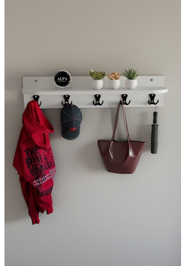 Alpa Ev Mobilya 5 Askılı Raflı Portmanto, Elbise Askılığı, Modern Duvar Organizer Askılık Beyaz