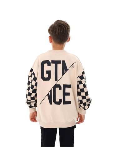 Erkek Çocuk East Coast Yazılı Kolları Dama Desenli Sweatshirt-13413-camel