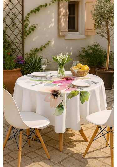 Yuvarlak Pastel Çiçek Desenli Duck Kumaş Masa Örtüsü 150x150 Cm Çok Renkli