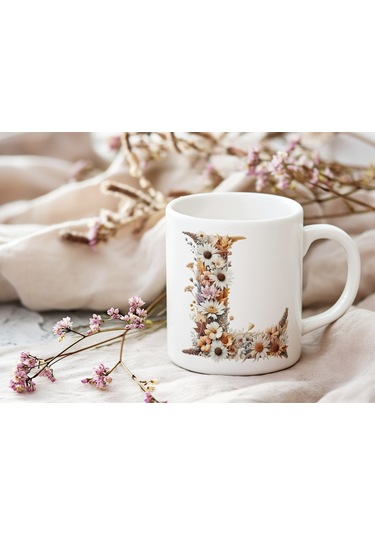 L Harfi Çiçek Desenli Kupa Bardak - Alfabe Harfleri İle Doğal Çiçekli Kupa - Hediye Fikir Beyaz