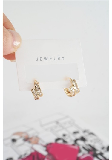 Byzeynaaksesuar Kadın Özel Tasarım Zirkon Taşlı 2'li Minimal Küpe 0010 Çok Renkli