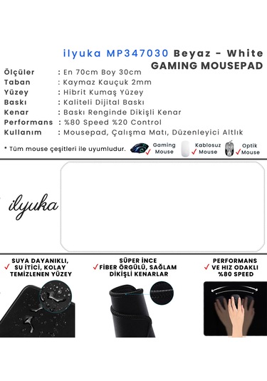 70x30cm Logosuz Beyaz İlyukamp347030 Büyük Boy Xl Gaming Mousepad