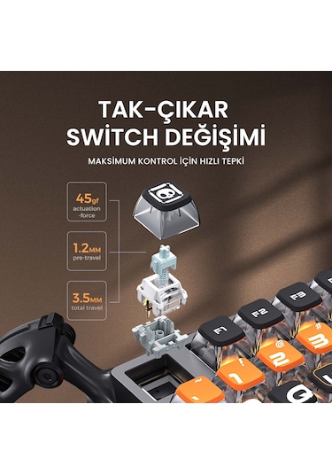 Gravastar Mercury K1 Pro Rgb Kablosuz Mekanik Gaming Klavye, Alüminyum Çerçeveli, İngilizce Q, Cyber