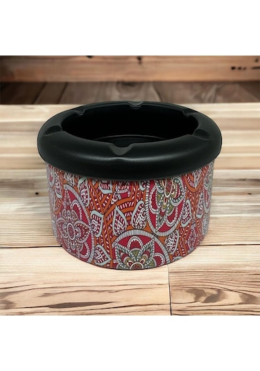 Mandala Desen Metal Mini Sigara Küllüğü Kırmızı 8cm