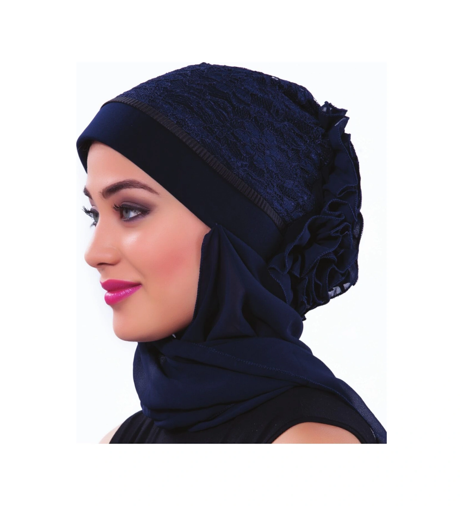 Kordoneli Atkılı Arkası Fırfırlı Önü Plise Biyeli Lacivert Hazır Türban Tesettür Bone Lacivert