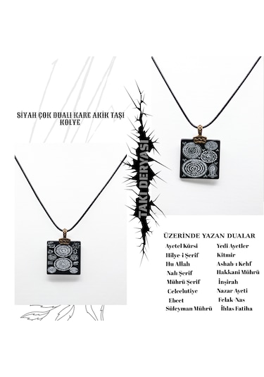 Siyah Çok Dualı Kare Akik Taşı Kolye Siyah