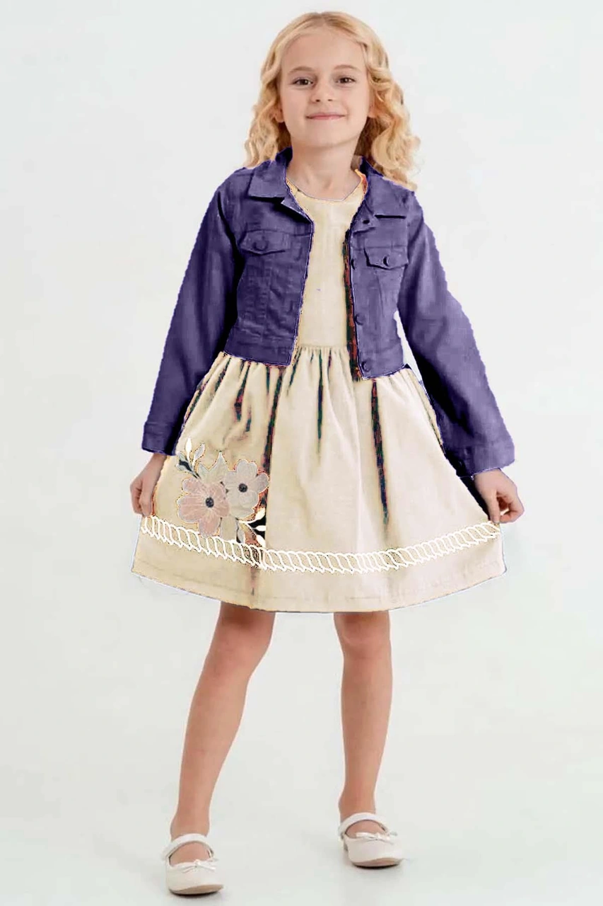 Riccotarz Kız Çocuk Üzerinde Jeans Ceket Ve Çiçek Dikiş İşlemeli Krem Elbise Krem