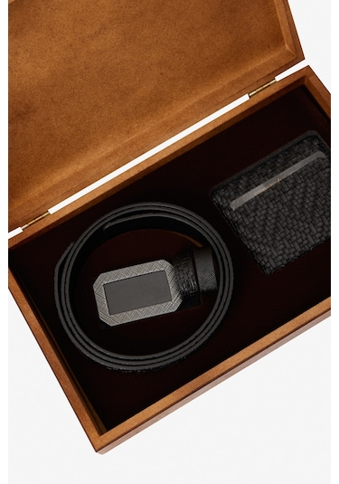 AC&Co / Altınyıldız Classics Erkek Siyah Özel Ahşap Hediye Kutulu Kemer - Kartlık Aksesuar Set Damat Bohçası Siyah