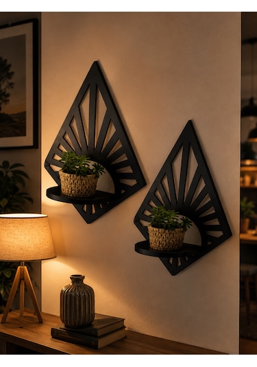 2'li Set Boho Duvar Rafı Siyah Mdf Lazer Kesim Dekoratif Çiçeklik 23,5x31 Cm