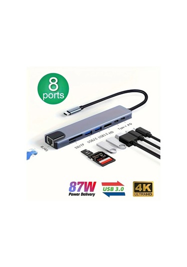 Boatshop1 8'li 1 Arada Hub Usb C Hub 87w Güç Dağıtımı Ethernet Usb 30 Sd Tf Kart Okuyucu 4k Ultra Hd Fare Klavye Yazıcı Bağlantı