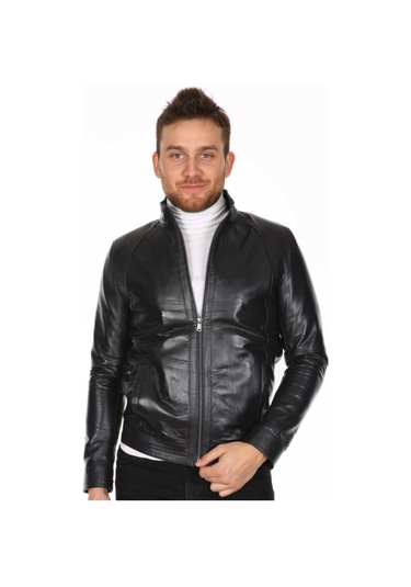 Hakiki Kuzu Derisi Fermuarlı Siyah Deri Ceket Erkek Ceket Karışık / Çok Renkli