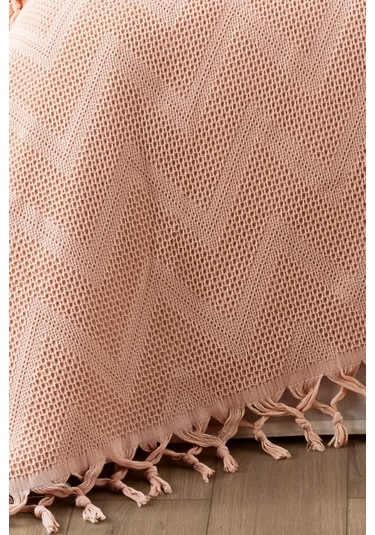 %100 Pamuk Çift Kişilik Bağlama Saçaklı Pike-220x240 Cm-pudra Pudra Pudra