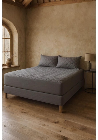 Yatak Ve Yastık Alezi Seti Pamuklu Kapitone Fitted Full Kenar Yatak Koruyucu Gri Gri