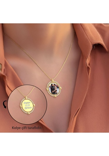 İndigo Takı Işıklı Kutuda İsimli Fotoğraflı Dönen Çerçeve Gümüş Kolye Gold